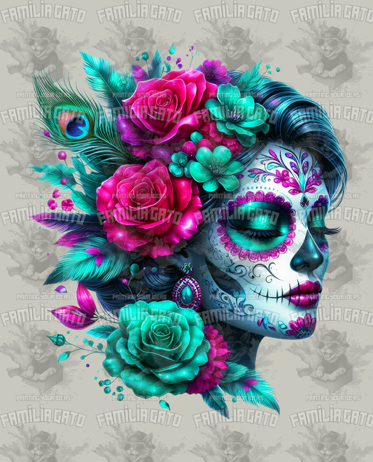 Blue Catrina with Pink Roses DTF Transfer