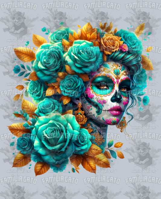 Blue Catrina with Yellow Roses DTF Transfer