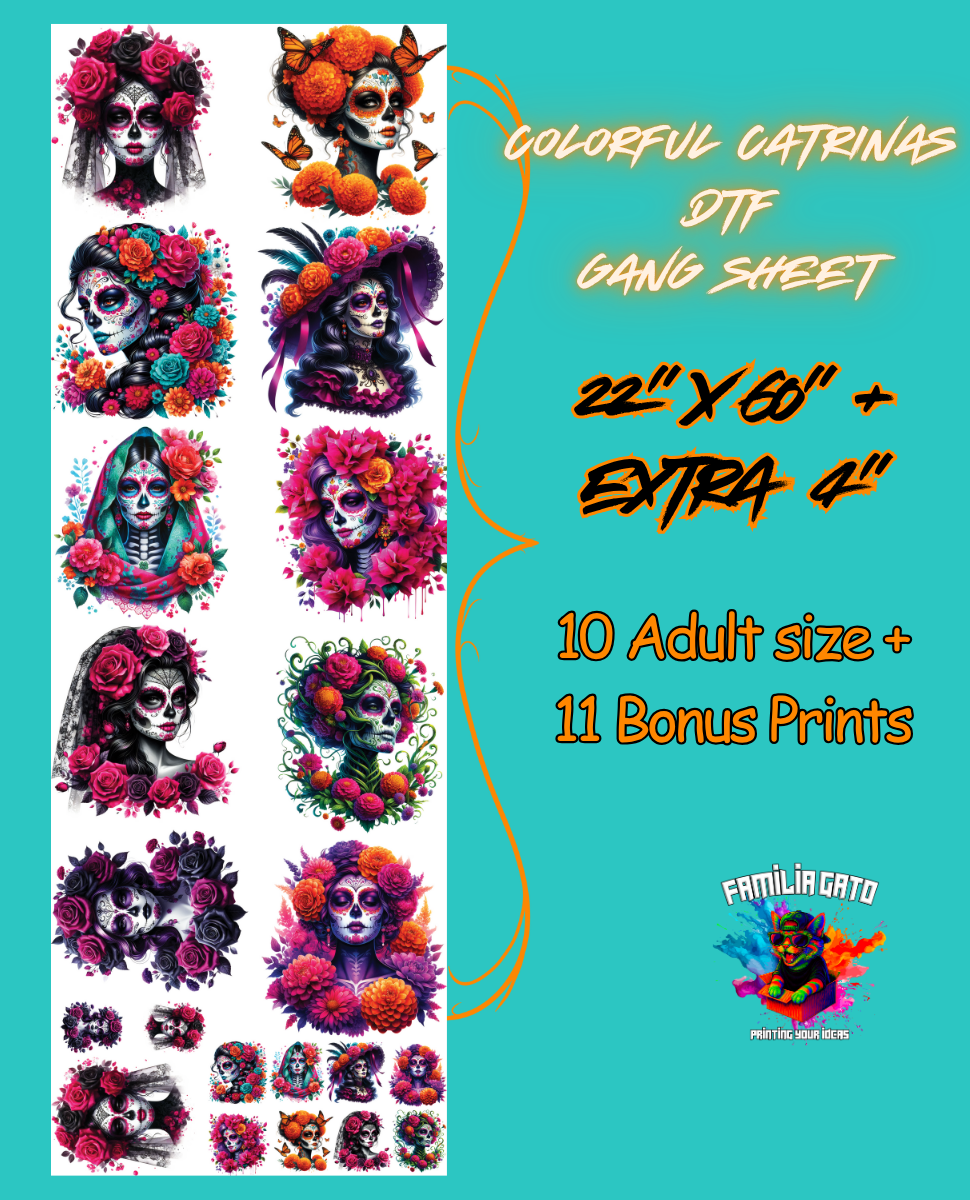Colorful Catrinas Dia de los Muertos DTF Gang Sheet 22"x60" with Bonus