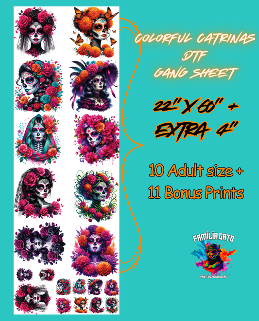 Colorful Catrinas Dia de los Muertos DTF Gang Sheet 22"x60" with Bonus