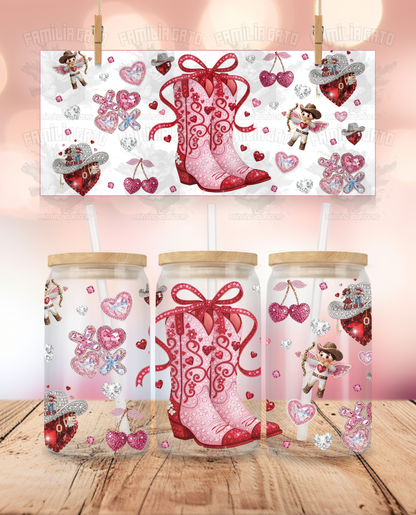 Rhinestone Valentine's Day - Cowgirl Cute Boots UVDTF Sticker Wrap For 16 oz Libbey Glass Cup