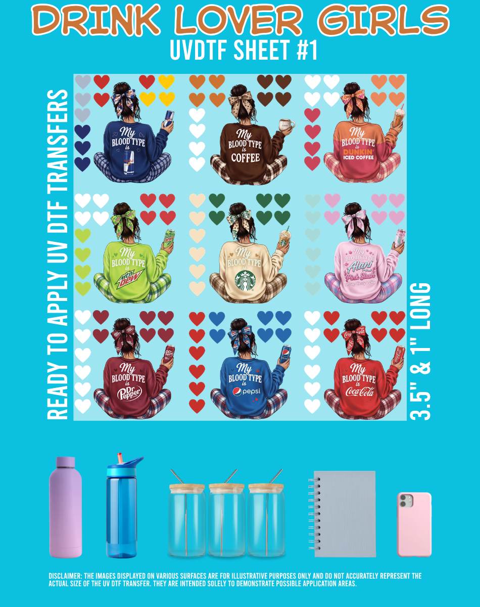 Drink Lover Girls UVDTF Sheets