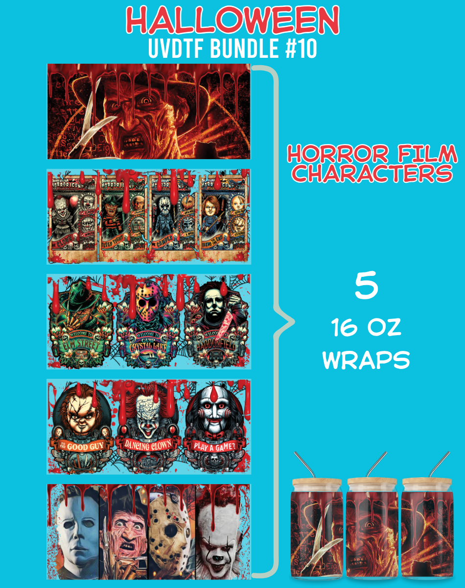 Halloween Horror Film Characters UVDTF Bundle - 16 Oz Libbey Glass Can Wrap