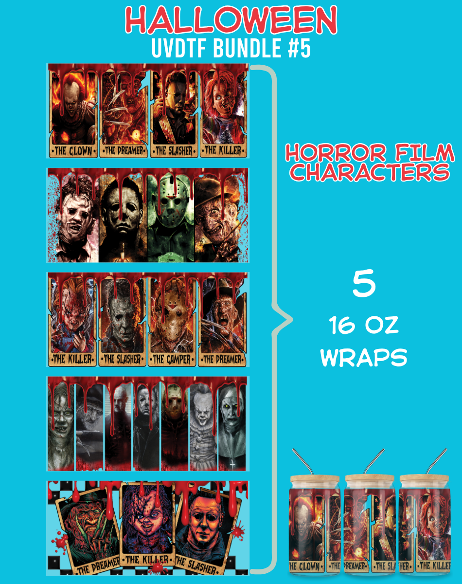 Halloween Horror Film Characters UVDTF Bundle - 16 Oz Libbey Glass Can Wrap
