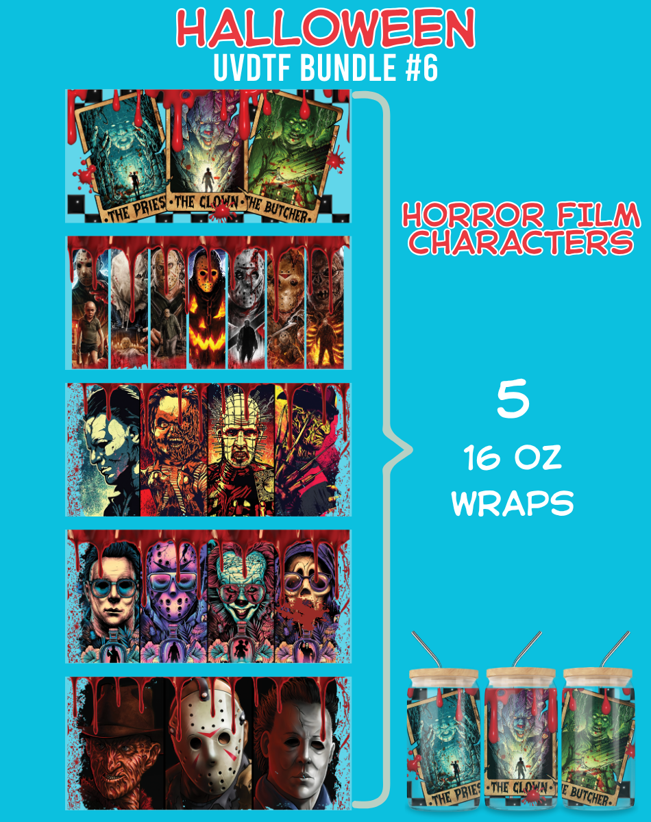 Halloween Horror Film Characters UVDTF Bundle - 16 Oz Libbey Glass Can Wrap