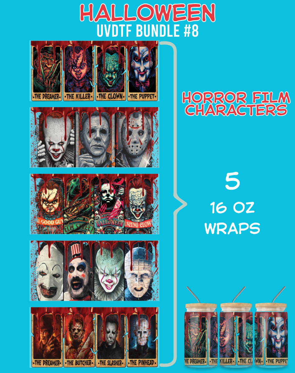 Halloween Horror Film Characters UVDTF Bundle - 16 Oz Libbey Glass Can Wrap