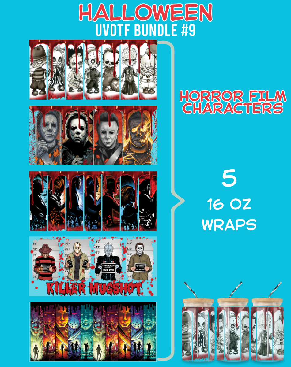 Halloween Horror Film Characters UVDTF Bundle - 16 Oz Libbey Glass Can Wrap