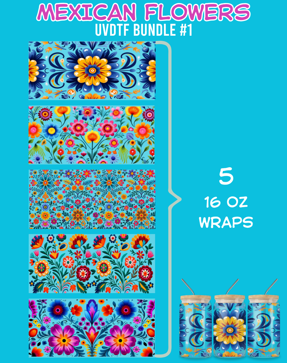 Mexican Flowers UVDTF Bundles - 16 Oz Libbey Glass Can Wrap