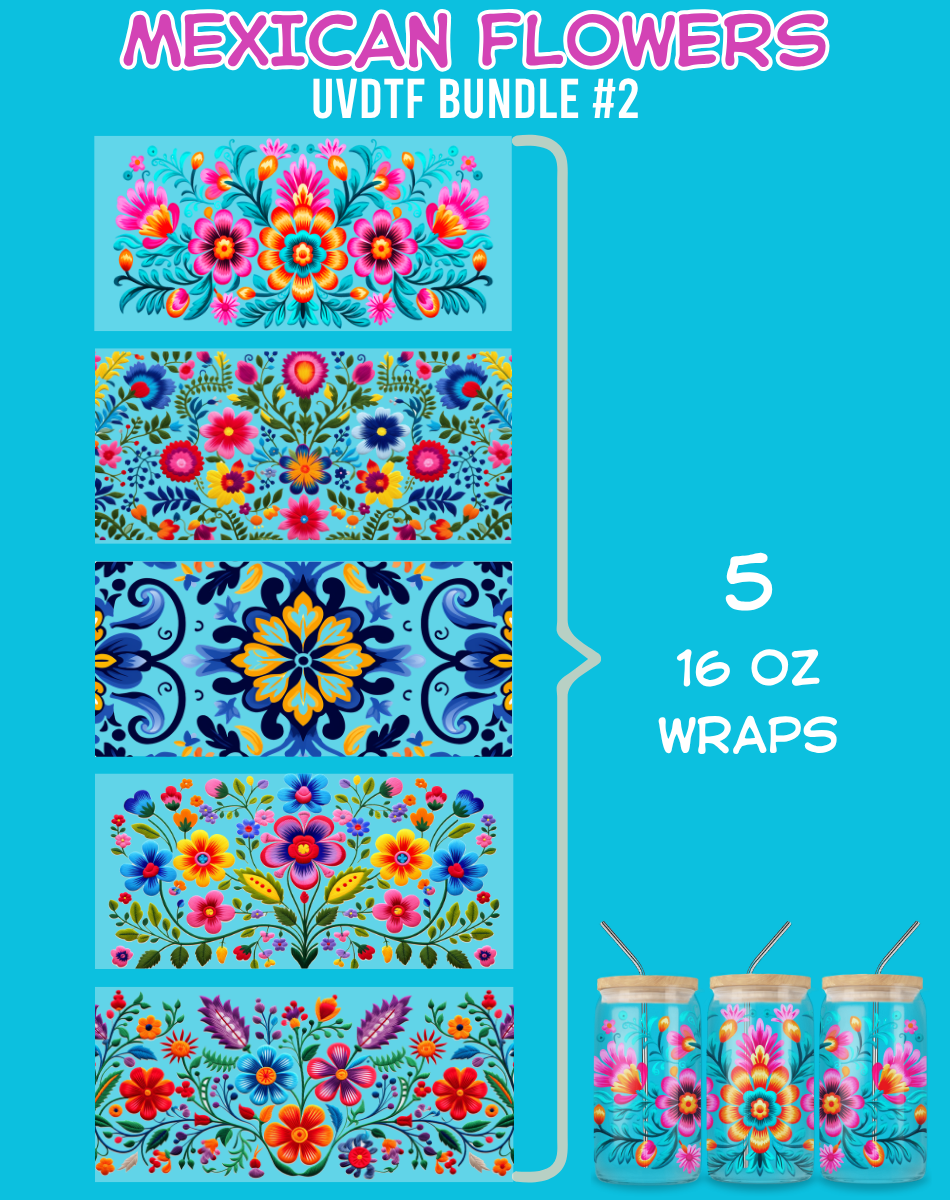 Mexican Flowers UVDTF Bundles - 16 Oz Libbey Glass Can Wrap