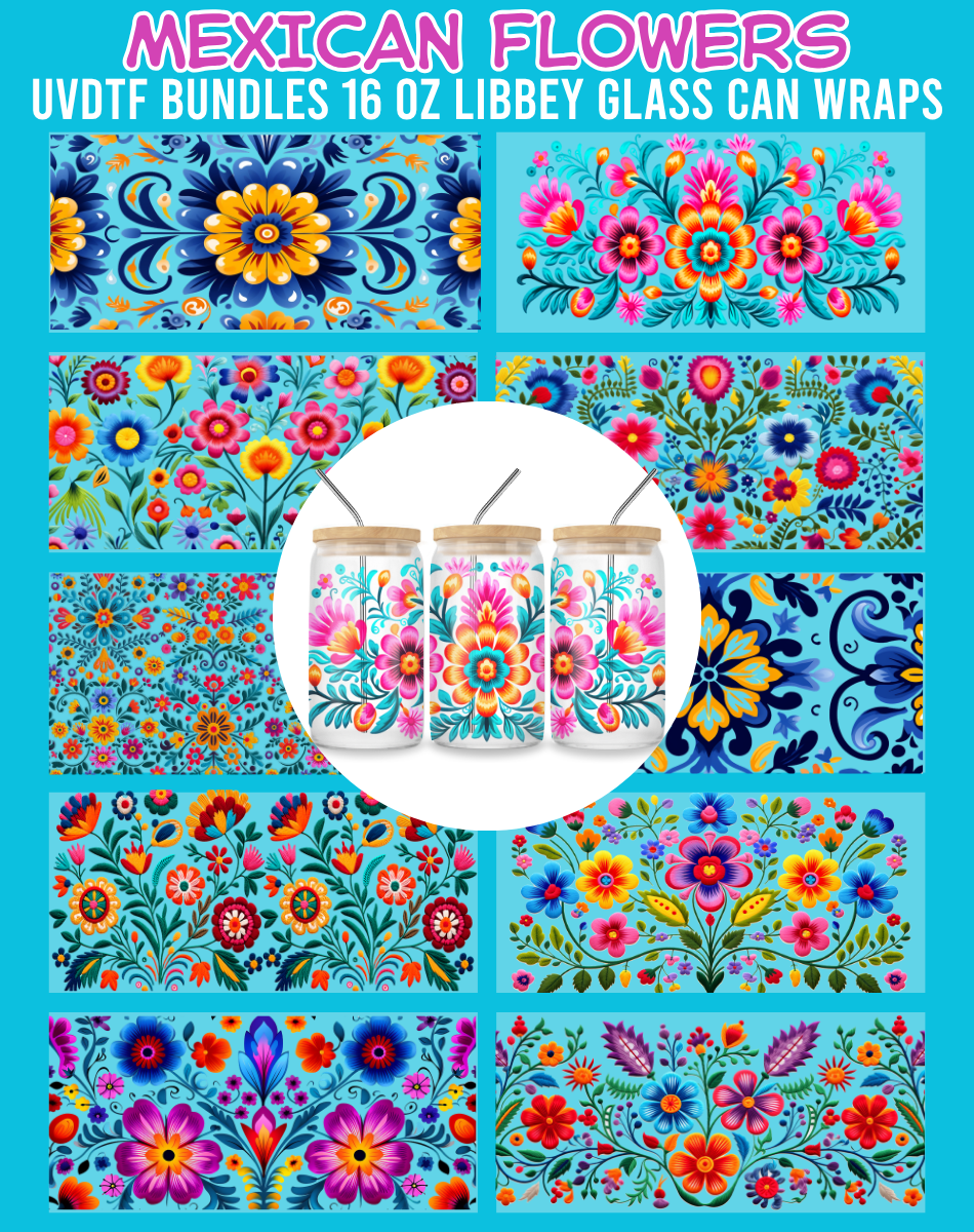 Mexican Flowers UVDTF Bundles - 16 Oz Libbey Glass Can Wrap