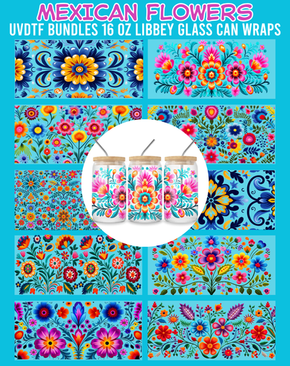 Mexican Flowers UVDTF Bundles - 16 Oz Libbey Glass Can Wrap