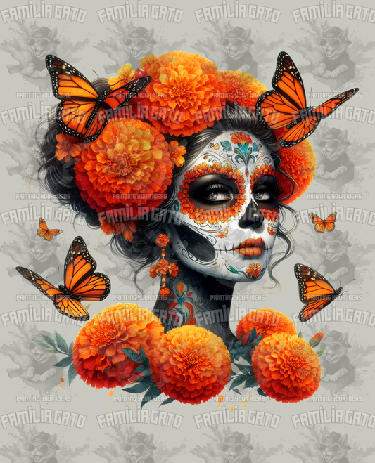 Orange Catrina with Flower Crown DTF Transfer