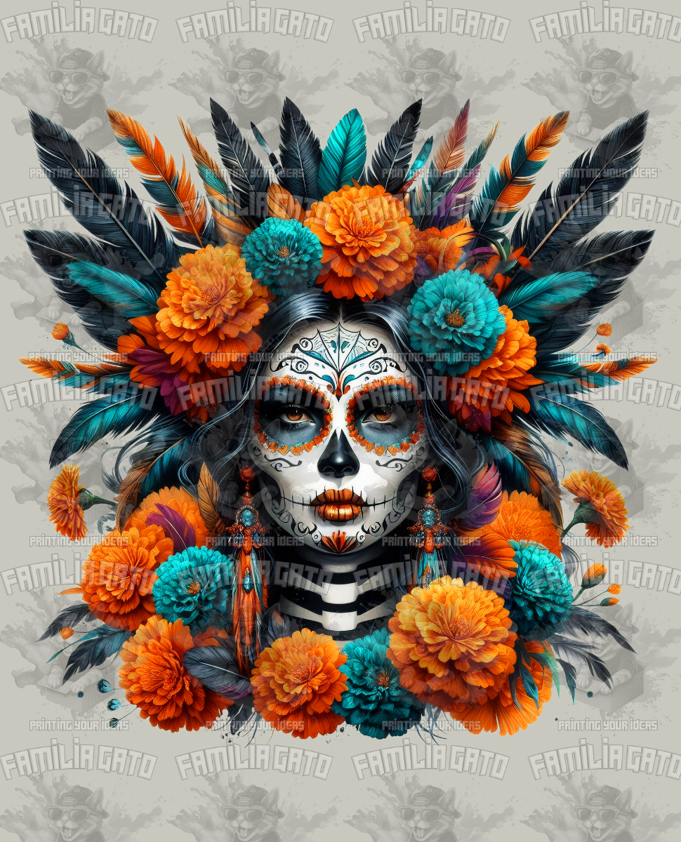 Orange Feathered Catrina DTF Transfer