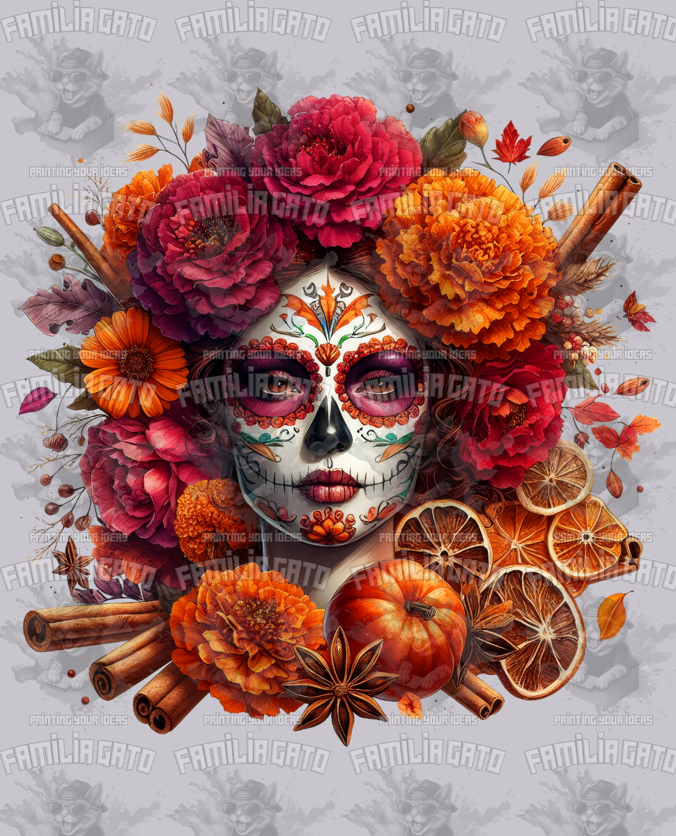 Orange and Red Floral Catrina DTF Transfer
