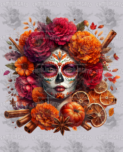 Orange and Red Floral Catrina DTF Transfer