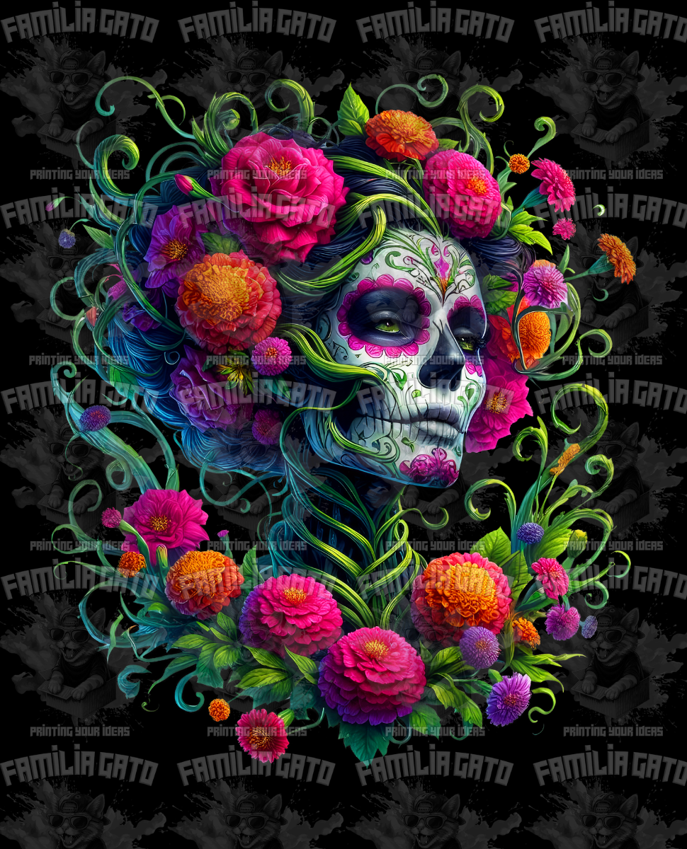Pink Catrina with Green Leaves DTF Transfer