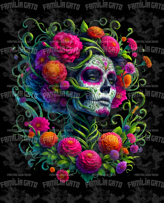 Pink Catrina with Green Leaves DTF Transfer