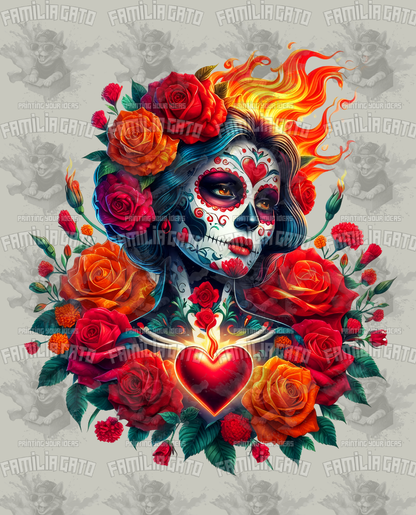 Pink Floral Catrina with Heart DTF Transfer