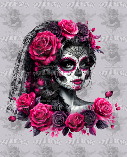Pink Rose Catrina with Black Veil DTF Transfer