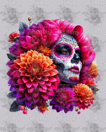 Pink and Orange Floral Catrina DTF Transfer