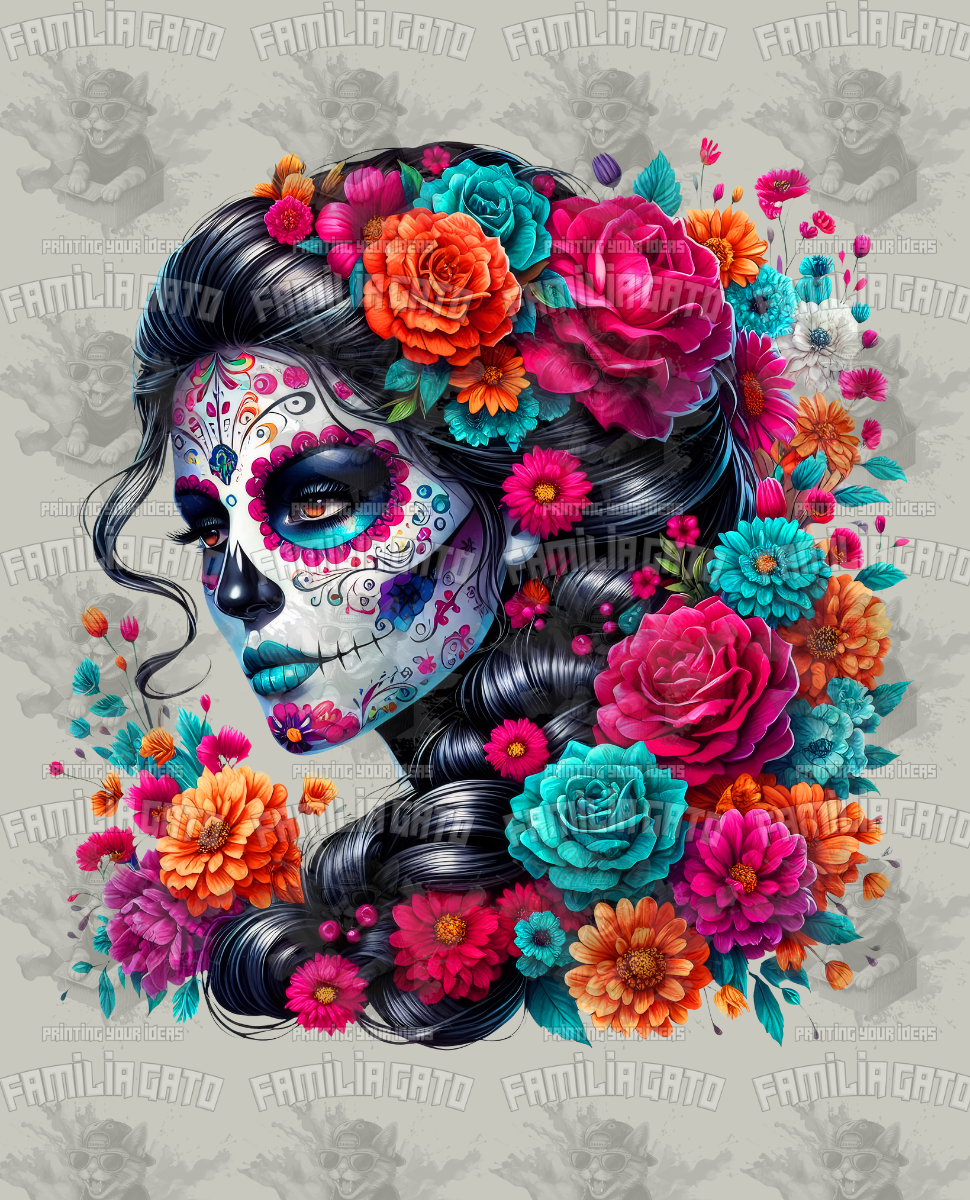 Pink and Teal Floral Catrina DTF Transfer