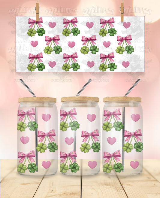 St. Patrick's Day - Coquette Clovers & Hearts UVDTF Wrap for 16 Oz Libbey Glass Can