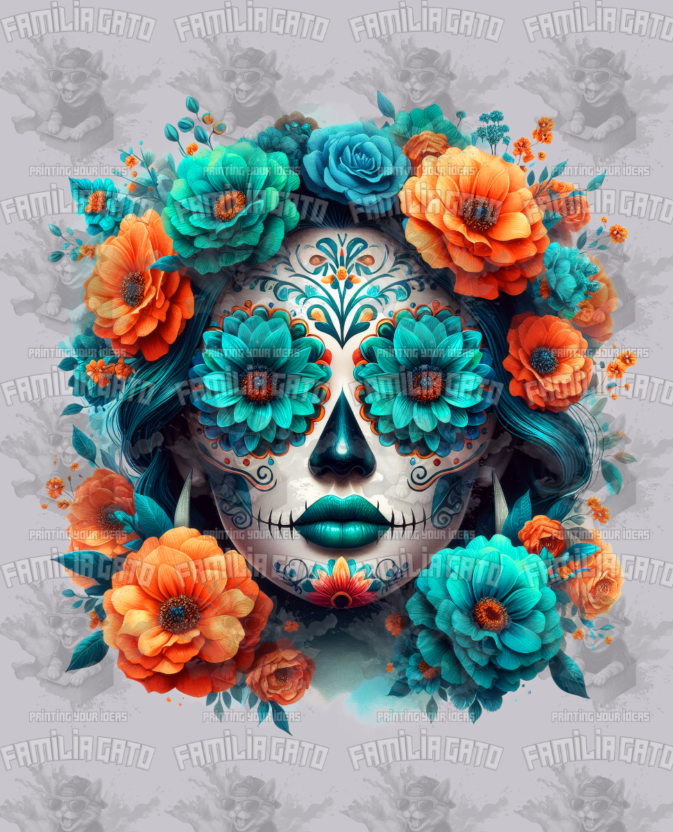 Teal Catrina with Coral Flowers DTF Transfer