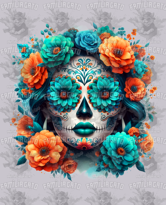 Teal Catrina with Coral Flowers DTF Transfer