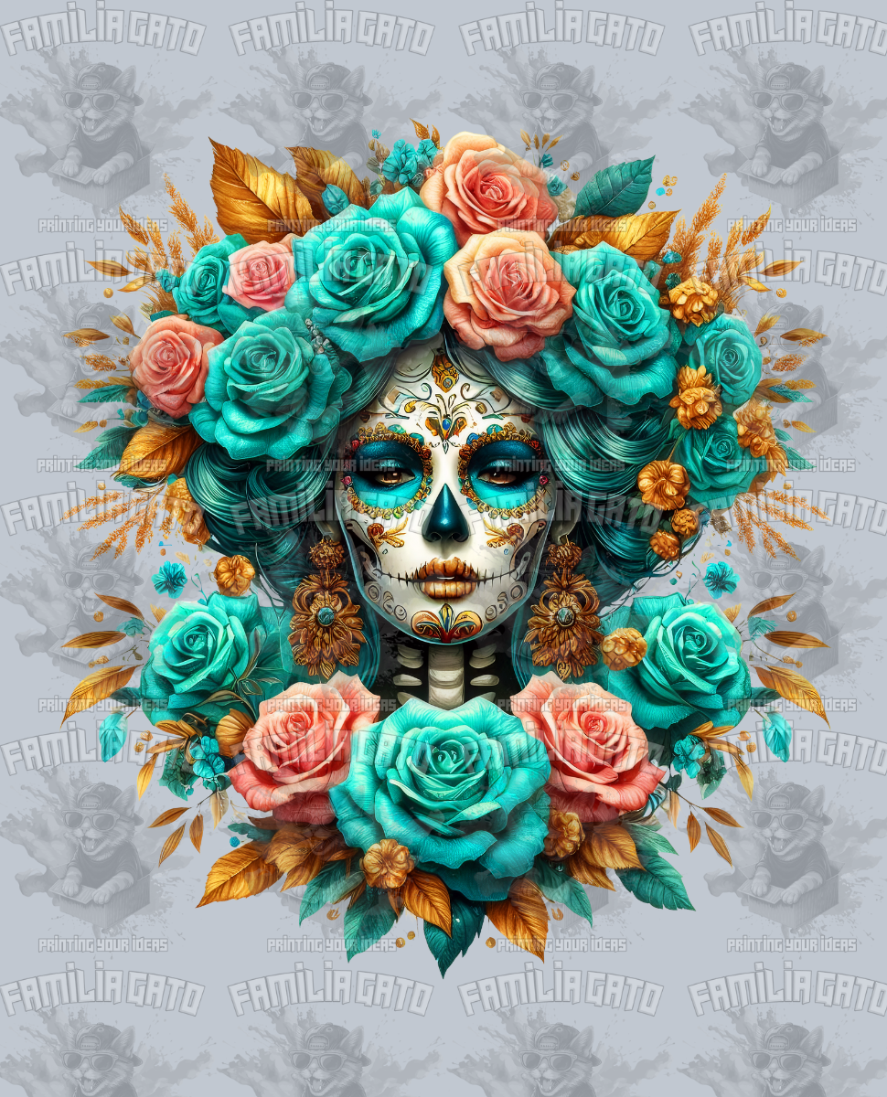 Teal and Orange Catrina with Flower Crown DTF Transfer