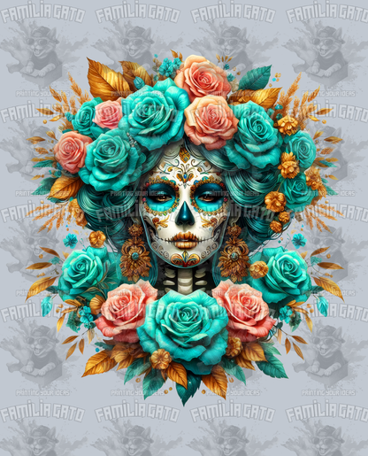 Teal and Orange Catrina with Flower Crown DTF Transfer