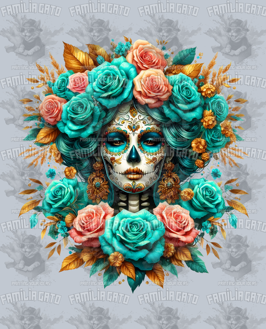 Teal and Orange Catrina with Flower Crown DTF Transfer