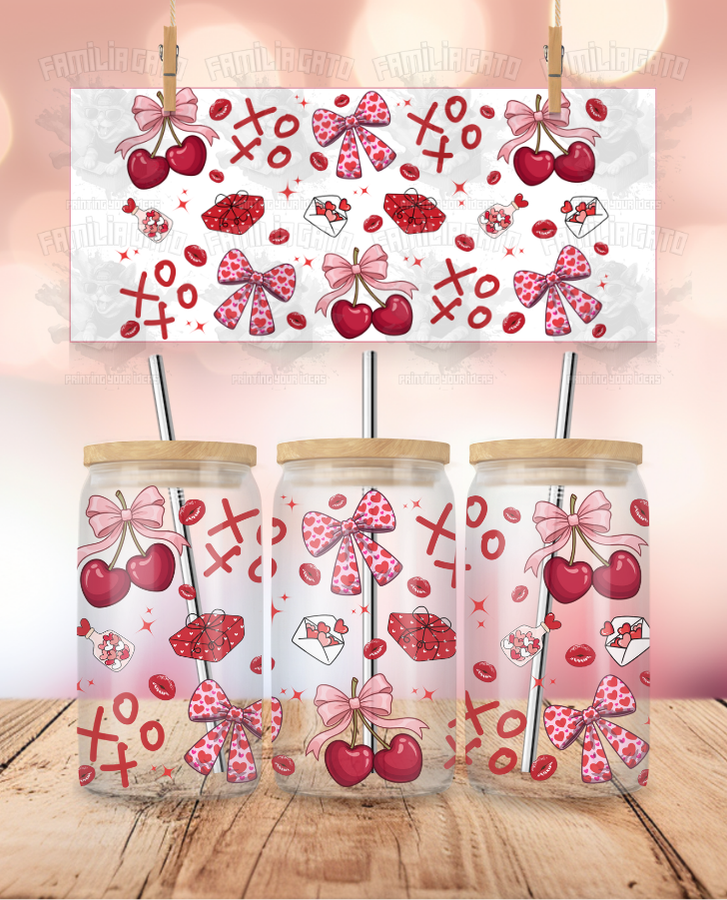 Valentine's Day - XoXo, Cherries, Coquette Bows & Hearts UVDTF Sticker Wrap For 16 oz Libbey Glass Cup