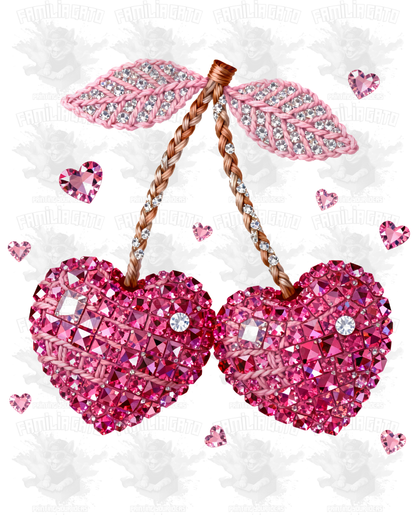 Valentine's Day - Rhinestone Cherry Hearts DTF Transfer