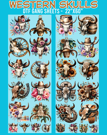 Western Skulls DTF Gang Sheet - 22"x60"