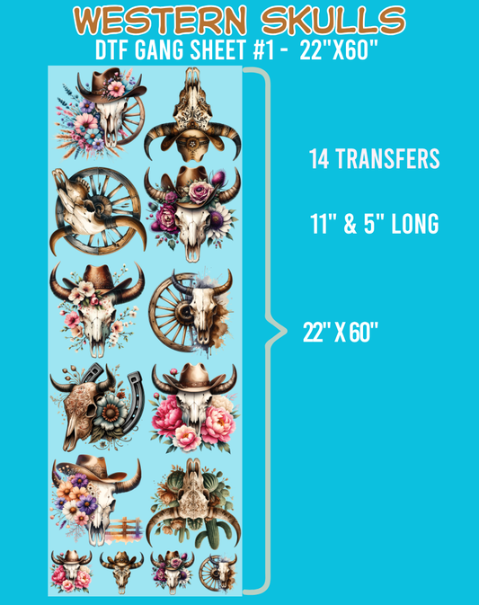 Western Skulls DTF Gang Sheet - 22"x60"
