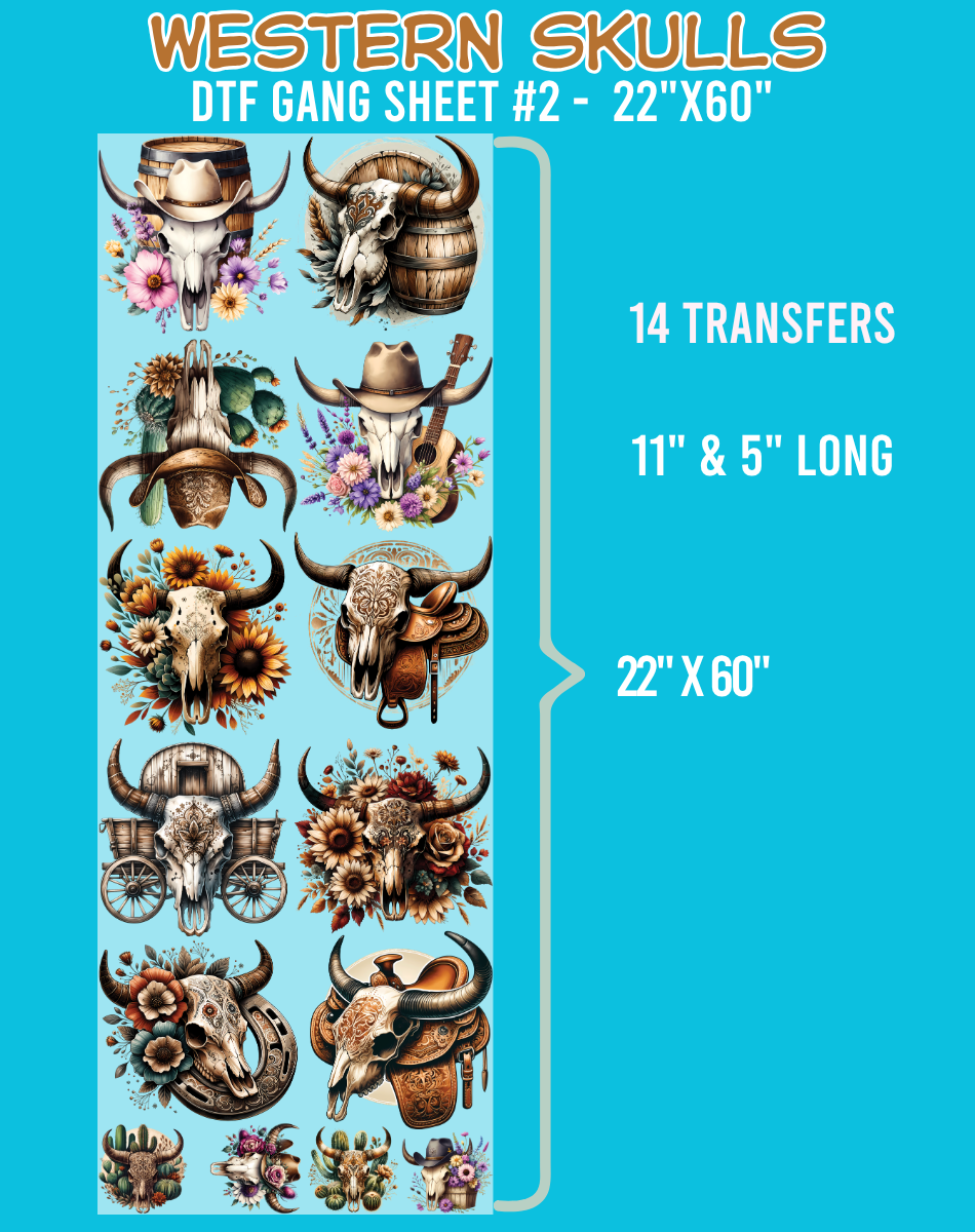 Western Skulls DTF Gang Sheet #2 - 22"x60"